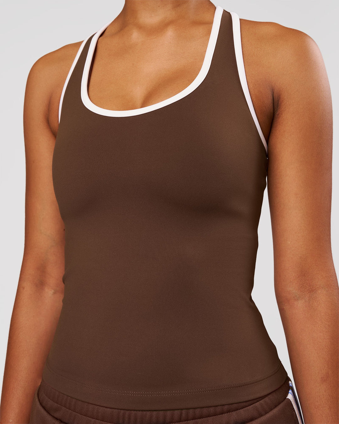 Woman wearing Flow Rep Scoop Neck Tank - Hot Chocolate-White | Model:Jordan | Size:XS - view 2