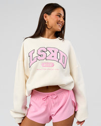 Woman wearing Varsity Boxy Crew - Off White-Pink Rose | Model:Bianca | Size:L | Thumbnail Index: 6