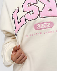 Woman wearing Varsity Boxy Crew - Off White-Pink Rose | Model:Bianca | Size:L | Thumbnail Index: 10