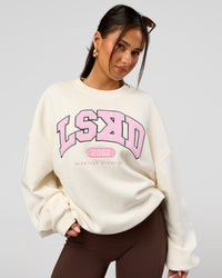 Woman wearing Varsity Boxy Crew - Off White-Pink Rose | Model:Bianca | Size:L | Thumbnail Index: 1