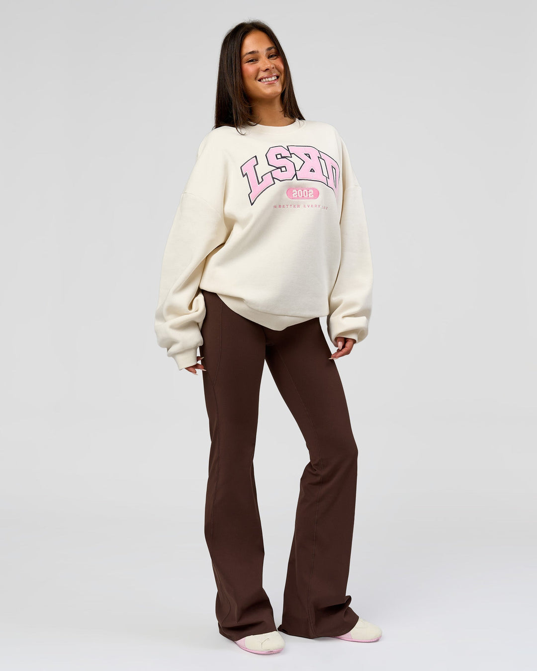 Woman wearing Varsity Boxy Crew - Off White-Pink Rose | Model:Bianca | Size:L - view 4