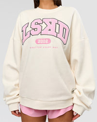 Woman wearing Varsity Boxy Crew - Off White-Pink Rose | Model:Bianca | Size:L | Thumbnail Index: 13