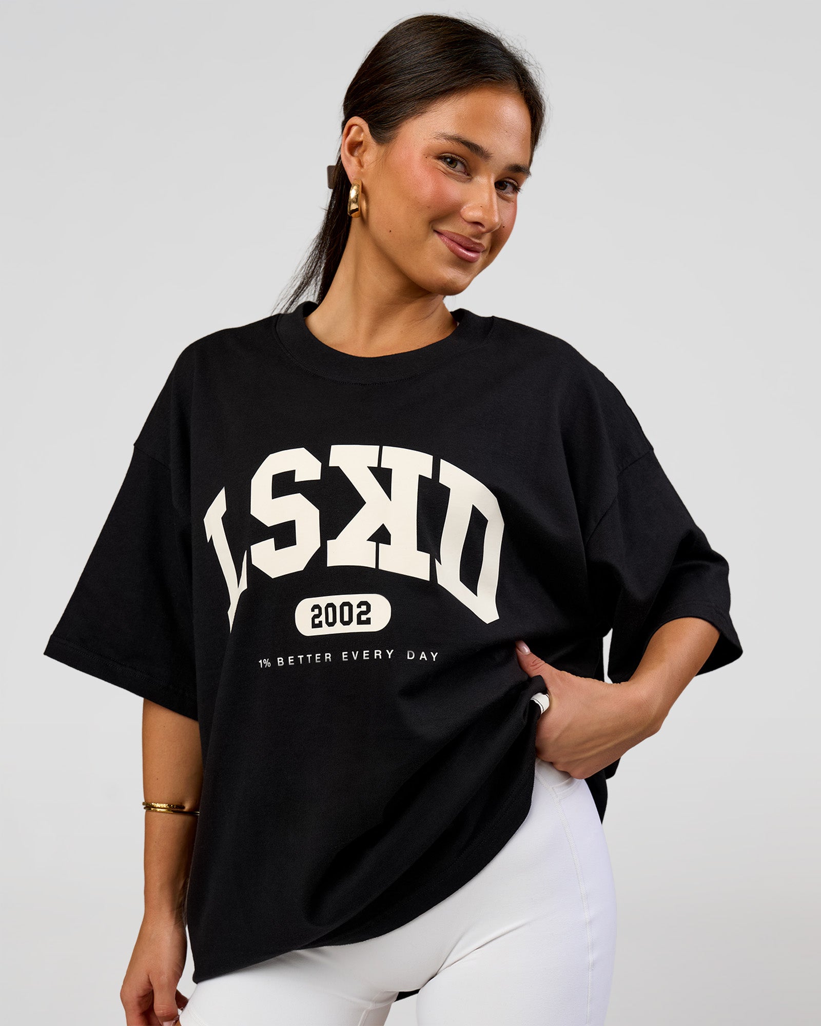 Woman wearing Varsity EST Heavyweight Oversized Tee  - Black-Off White | Model:Bianca | Size:L