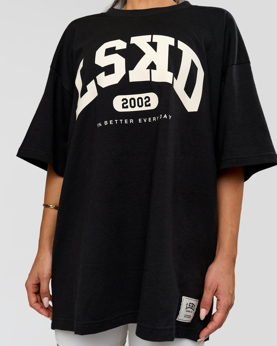 Woman wearing Varsity EST Heavyweight Oversized Tee  - Black-Off White | Model:Bianca | Size:L - view 4