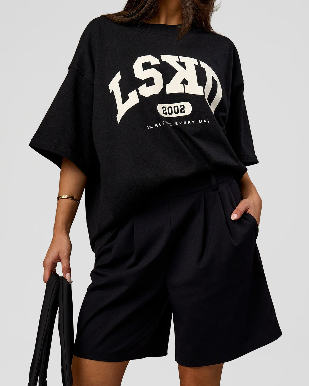 Woman wearing Varsity EST Heavyweight Oversized Tee  - Black-Off White | Model:Bianca | Size:L - view 13
