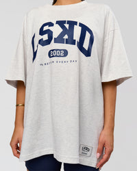 Woman wearing Varsity EST Heavyweight Oversized Tee  - Silver Marl-Future Navy | Model:Bianca | Size:L | Thumbnail Index: 0
