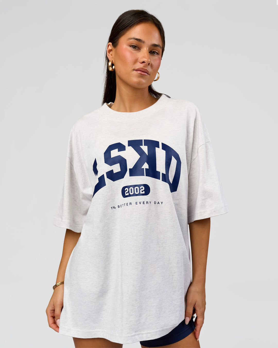 Woman wearing Varsity EST Heavyweight Oversized Tee  - Silver Marl-Future Navy | Model:Bianca | Size:L - view 4