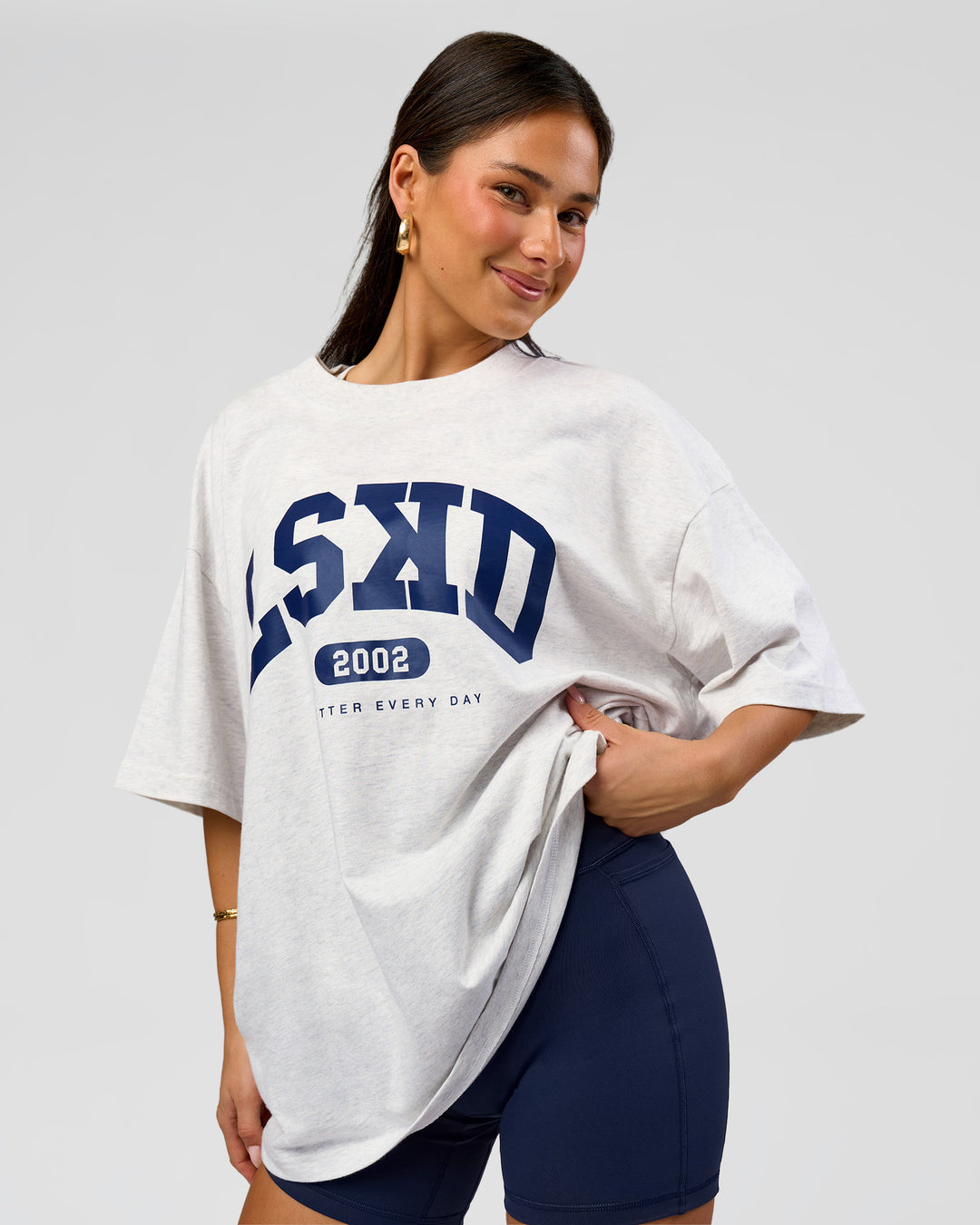 Woman wearing Varsity EST Heavyweight Oversized Tee  - Silver Marl-Future Navy | Model:Bianca | Size:L - view 8