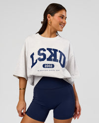 Woman wearing Varsity EST Heavyweight Oversized Tee  - Silver Marl-Future Navy | Model:Bianca | Size:L | Thumbnail Index: 10