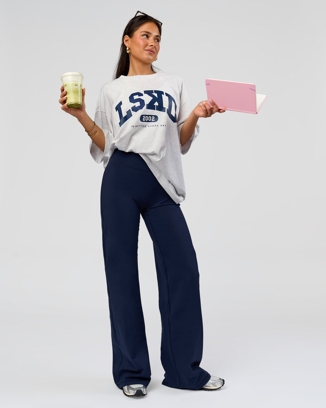 Woman wearing Varsity EST Heavyweight Oversized Tee  - Silver Marl-Future Navy | Model:Bianca | Size:L - view 13