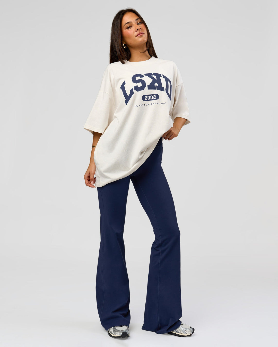 Woman wearing Varsity EST Heavyweight Oversized Tee  - Off White-Future Navy | Model:Bianca | Size:L - view 6