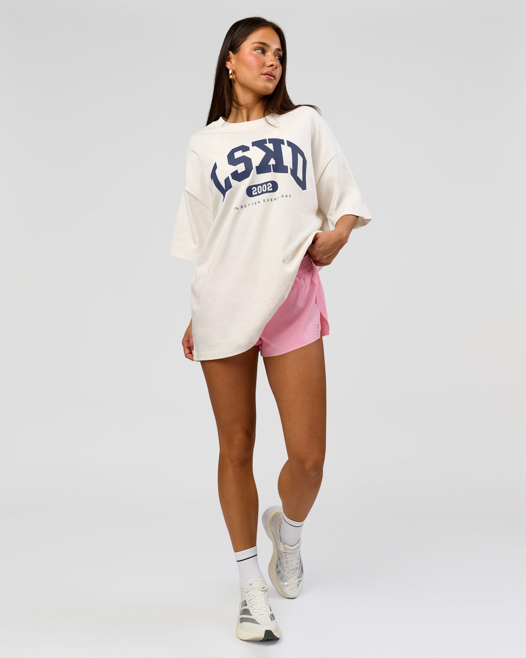 Woman wearing Varsity EST Heavyweight Oversized Tee  - Off White-Future Navy | Model:Bianca | Size:L - view 11