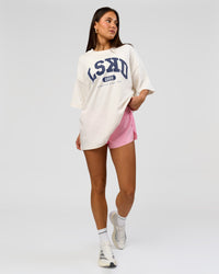 Woman wearing Varsity EST Heavyweight Oversized Tee  - Off White-Future Navy | Model:Bianca | Size:L | Thumbnail Index: 10