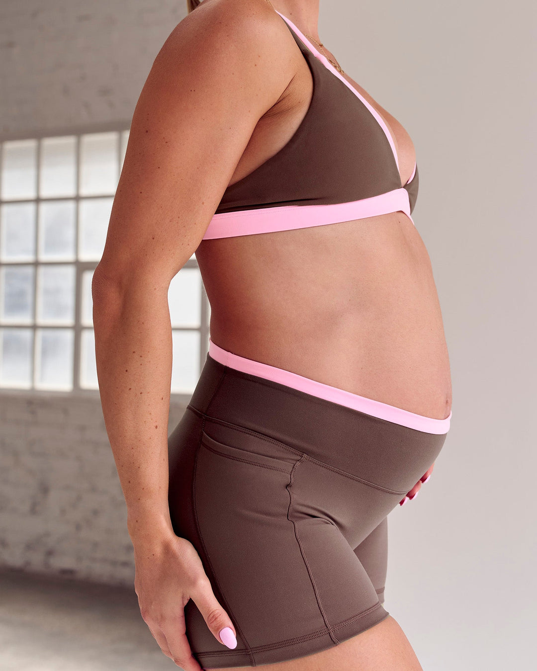 Woman wearing Velocity Bralette Sports Bra - Cocoa Powder-Pink Rose | Model:Bree | Size:M - view 14