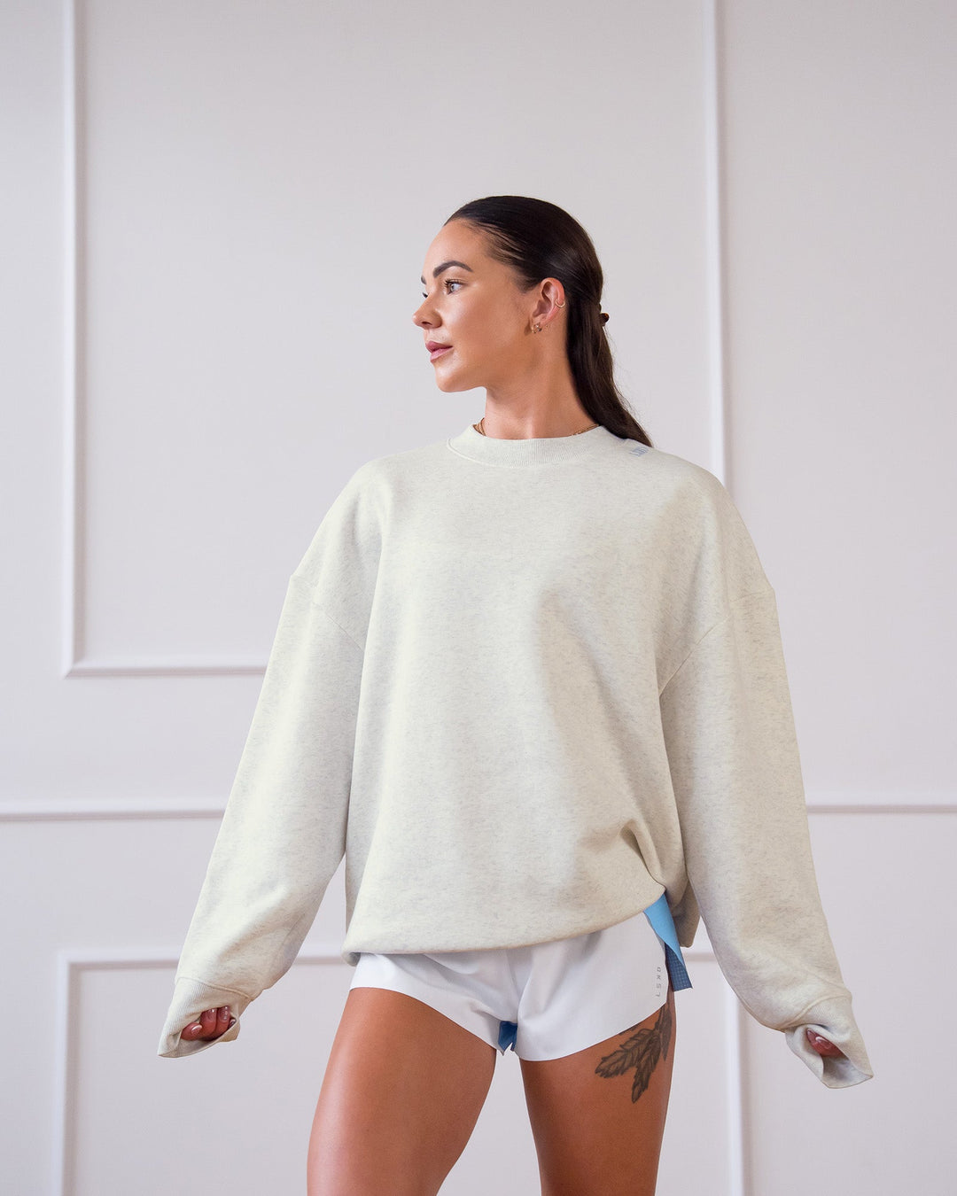 Woman wearing Strong is Beautiful Oversized Sweater - Silver Marl | Model:Charlotte | Size:M - view 10