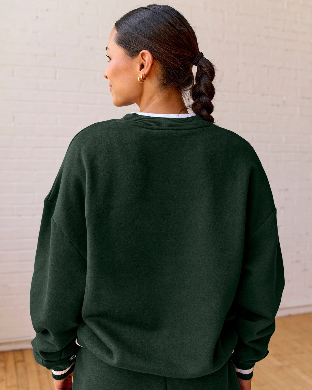 Woman wearing Go-To Dual Oversized Sweater - Midnight Green-White | Model:Meg | Size:M - view 4