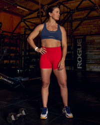 Woman wearing Fusion Ultra High-Rise 4" Short Pockets - Scarlet | Model:Tia | Size:M | Thumbnail Index: 14