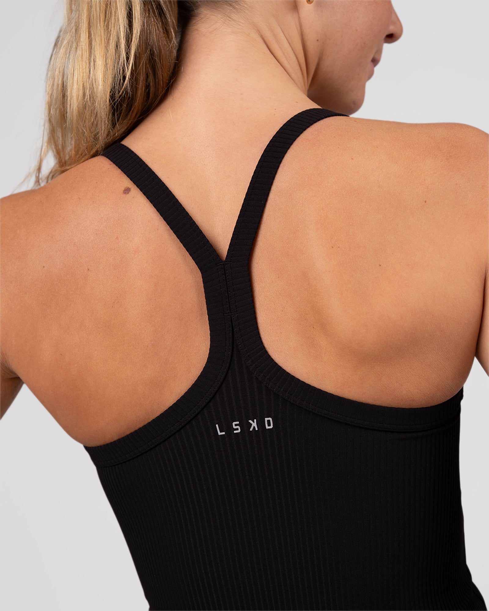 Woman wearing Flame Ribbed Regular Length Tank - Black | Model: Amity | Size: S