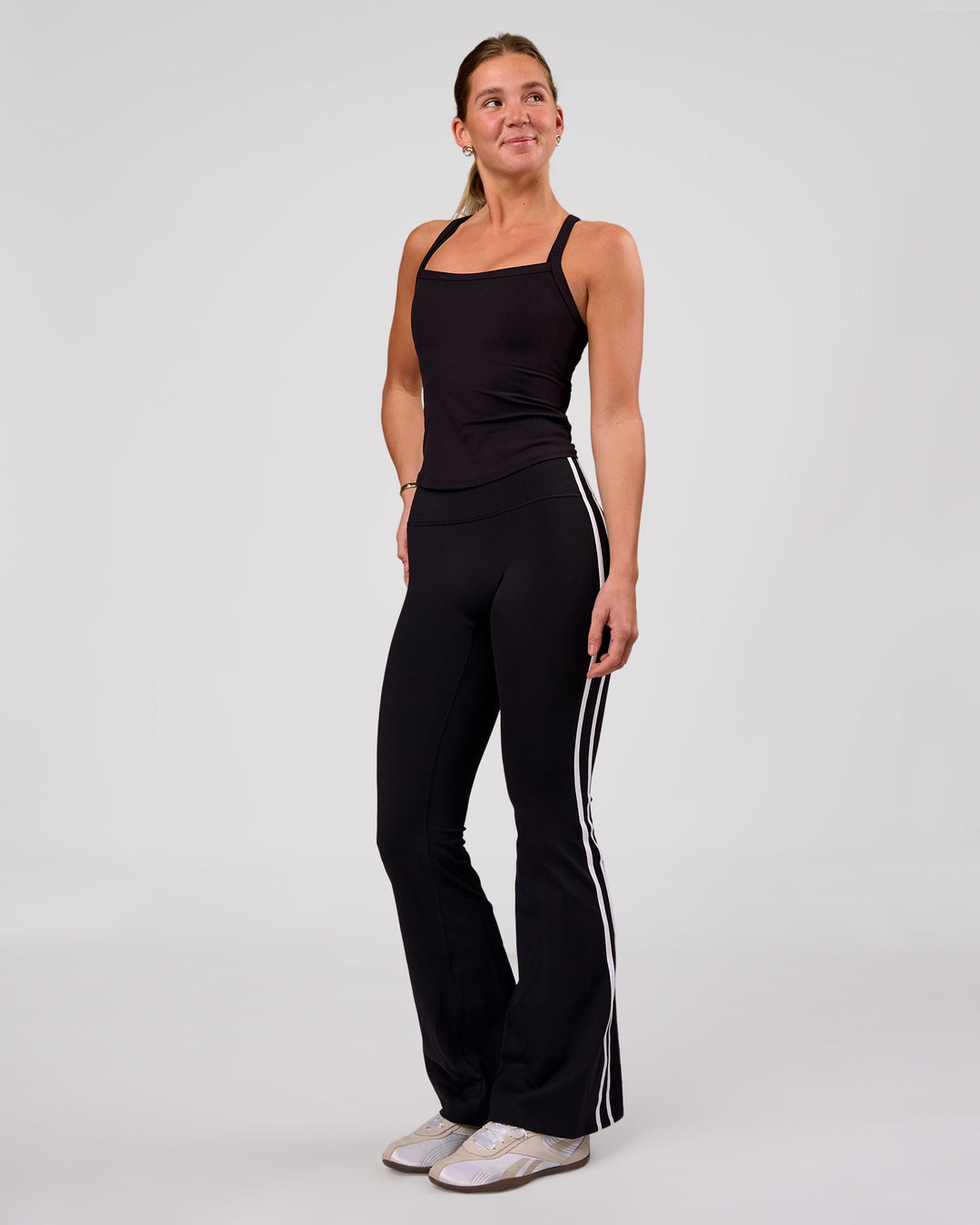 Woman wearing Flame Ribbed Regular Length Tank - Black | Model: Amity | Size: S - view 5