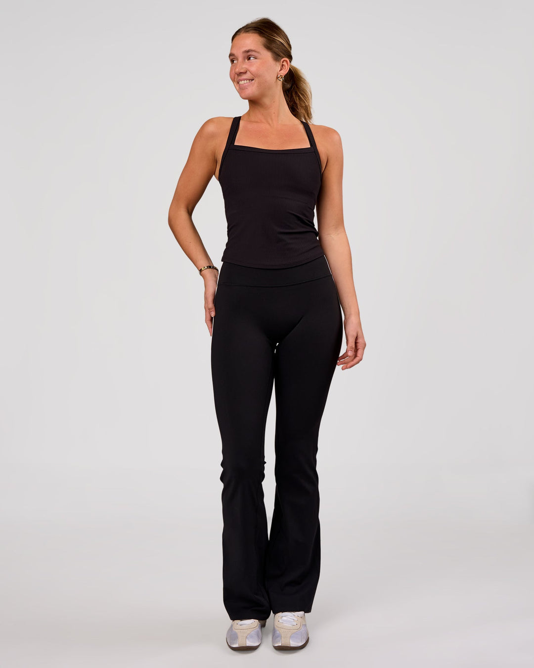 Woman wearing Flame Ribbed Regular Length Tank - Black | Model: Amity | Size: S - view 6