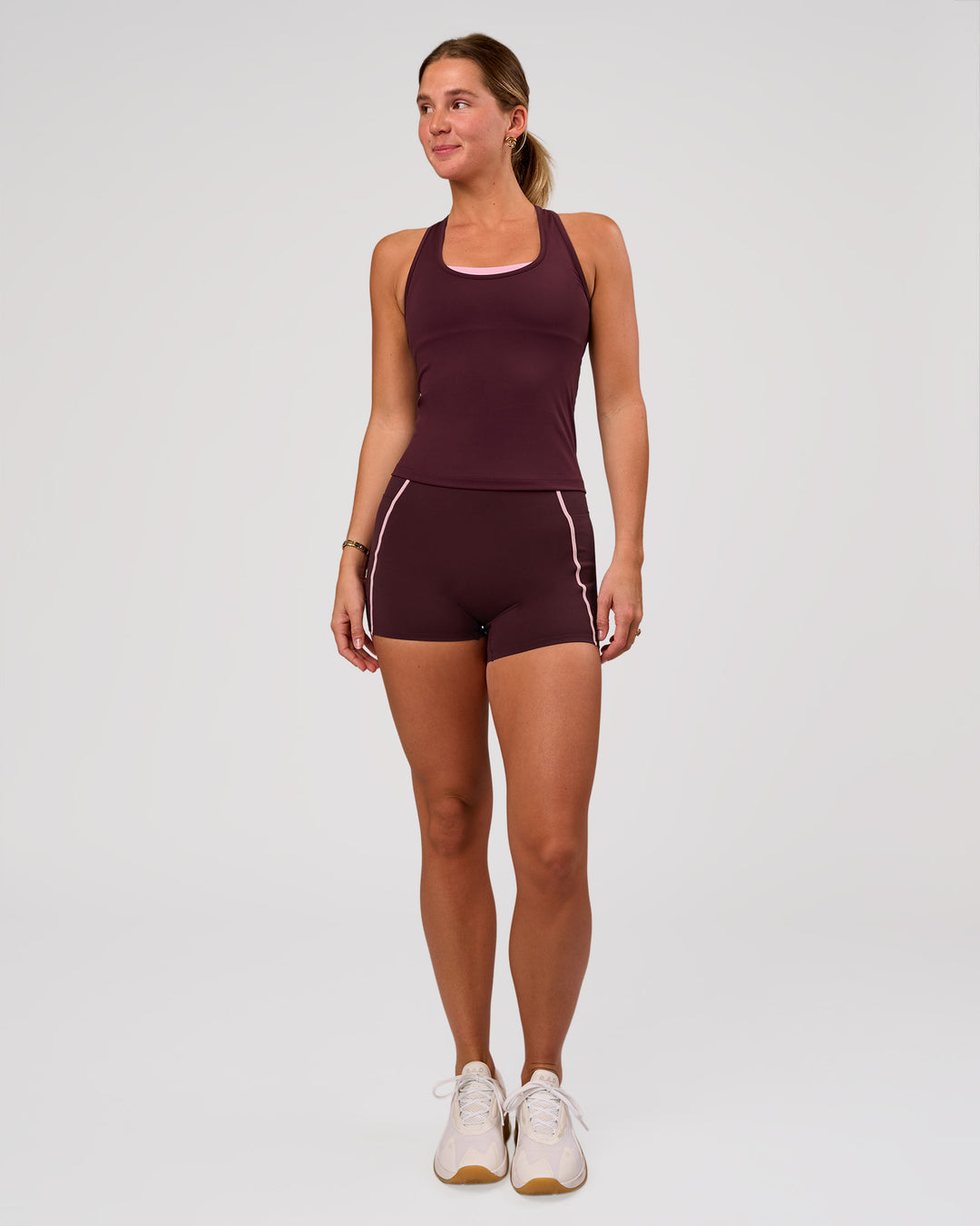Woman wearing Flow Rep Scoop Neck Tank - Cherry Lacquer | Model:Amity | Size:S - view 5