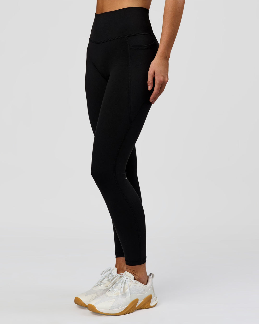 Woman wearing O.G. Fusion High-Rise Full Length Legging Pockets - Black | Model:Amity | Size:S - view 7