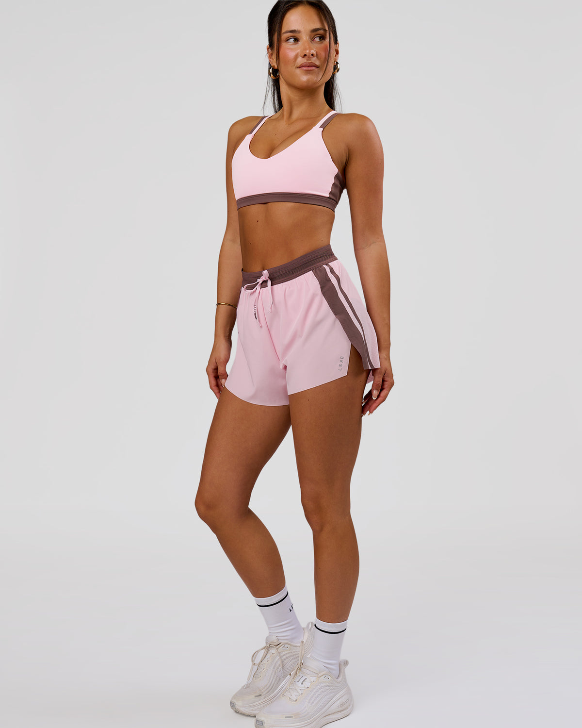 Woman wearing Accelerate 3" Force High-Rise Running Short - Marshmallow-Cocoa Powder | Model:Bianca | Size:S - view 2