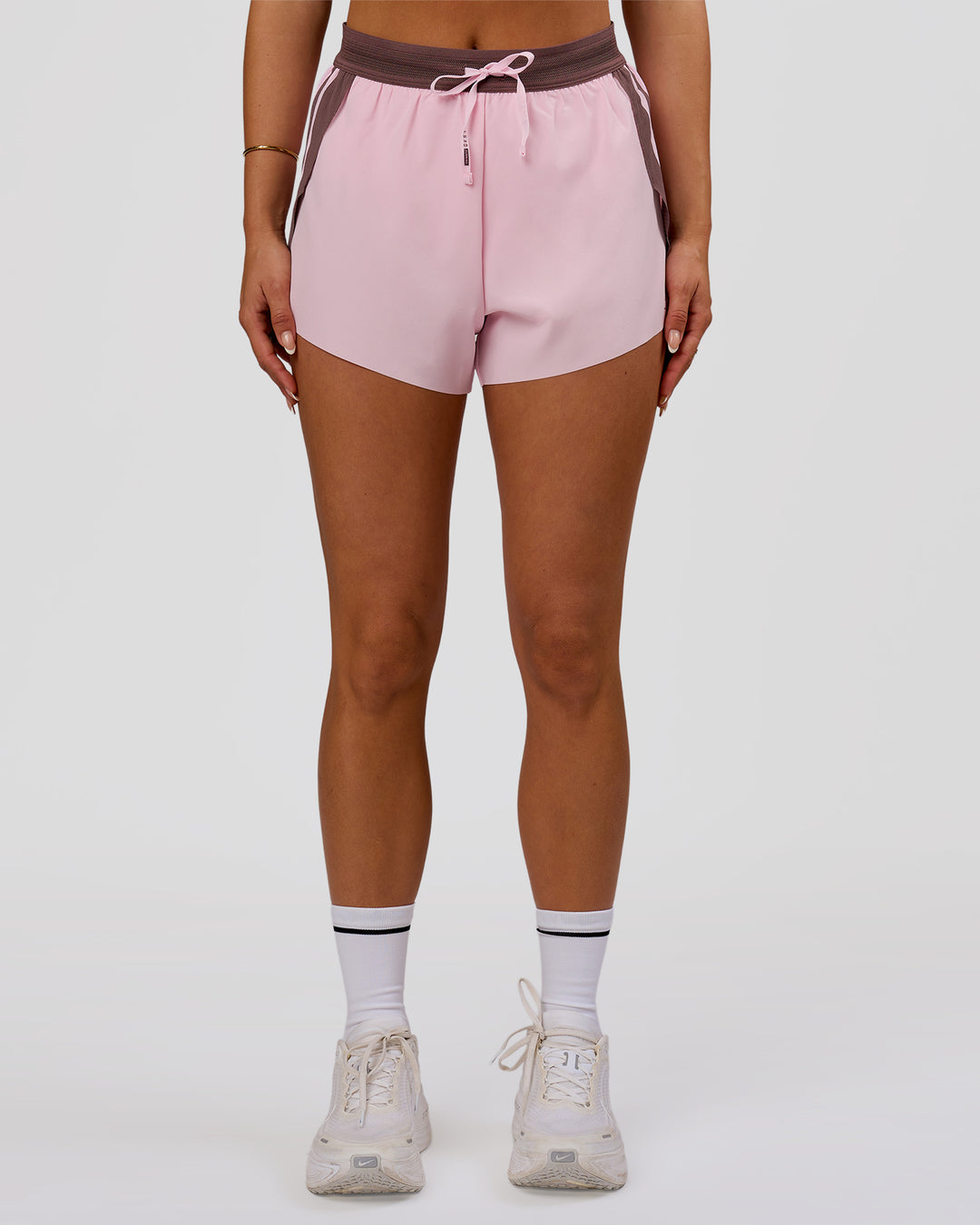 Woman wearing Accelerate 3" Force High-Rise Running Short - Marshmallow-Cocoa Powder | Model:Bianca | Size:S - view 4