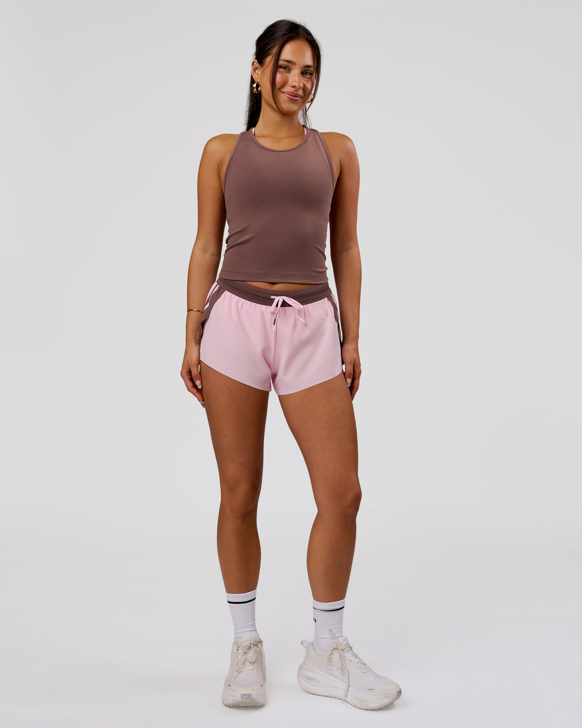 Woman wearing Accelerate 3" Force Mid-Rise Running Short - Marshmallow-Cocoa Powder | Model:Bianca | Size:S - view 2