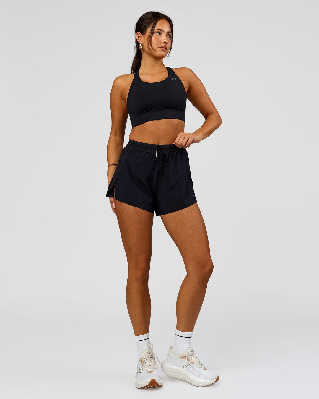 Woman wearing Accelerate 3" High-Rise Running Short - Black | Model:Bianca | Size:S - view 8