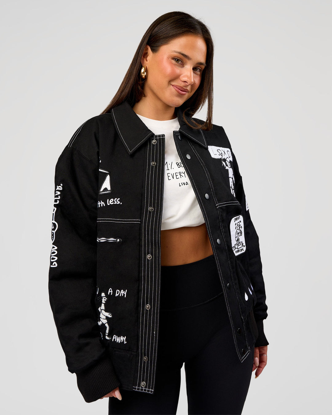 Woman wearing Andrew J. Steel x LSKD Bomber Jacket - Black | Model:Bianca | Size:S - view 6