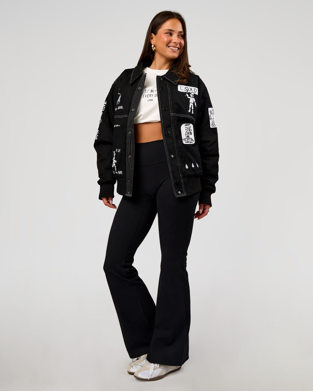 Woman wearing Andrew J. Steel x LSKD Bomber Jacket - Black | Model:Bianca | Size:S - view 12