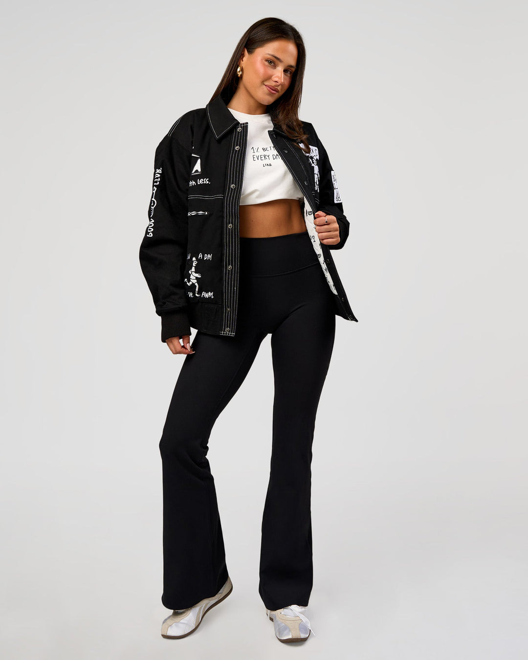 Woman wearing Andrew J. Steel x LSKD Bomber Jacket - Black | Model:Bianca | Size:S - view 14