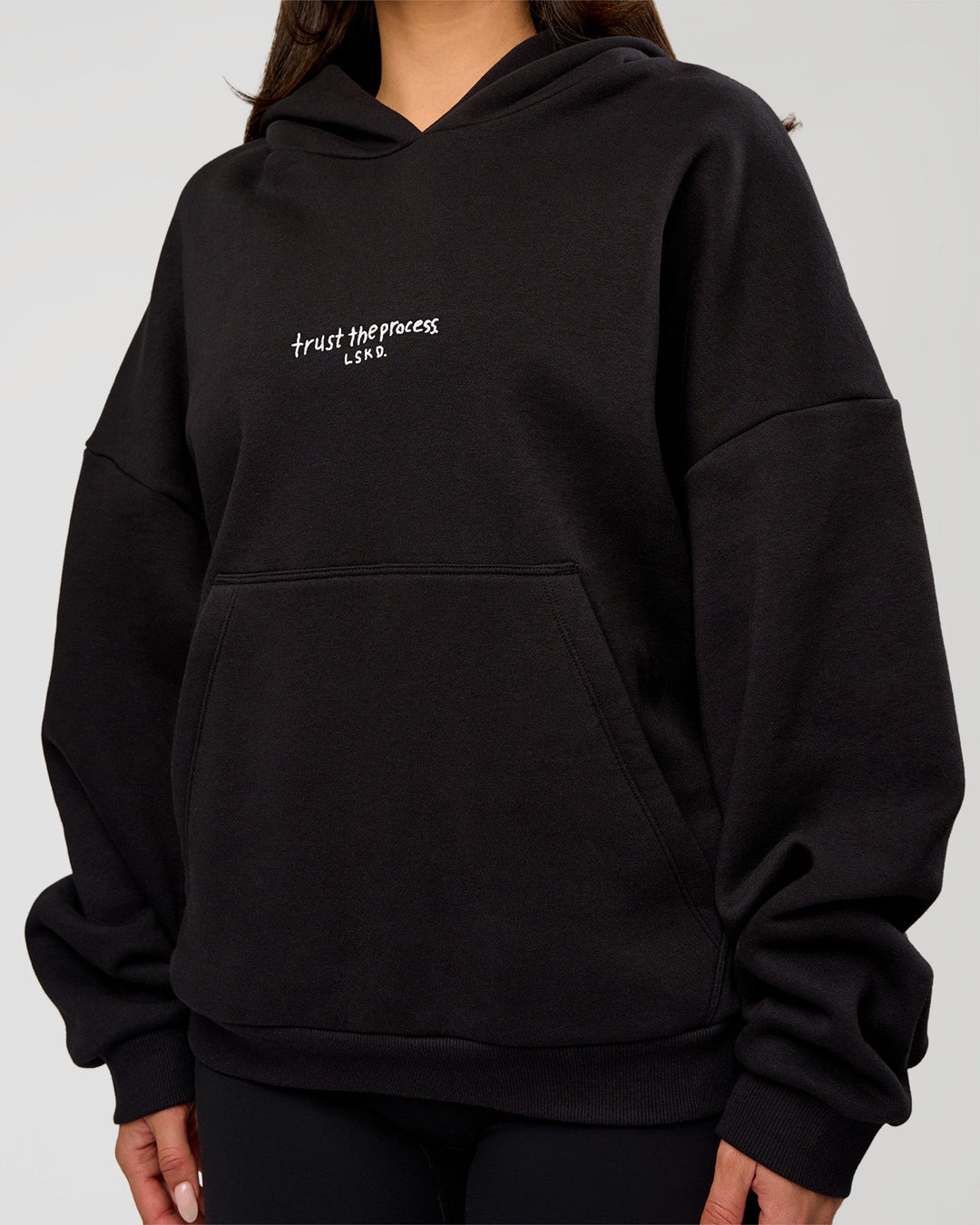 Woman wearing Andrew J. Steel x LSKD Boxy Hoodie - Black | Model:Bianca | Size:S - view 6