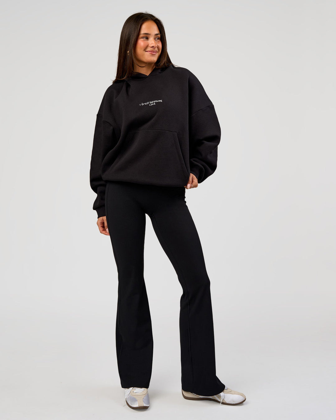 Woman wearing Andrew J. Steel x LSKD Boxy Hoodie - Black | Model:Bianca | Size:S - view 10