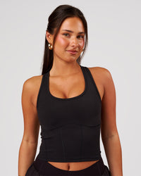 Woman wearing Aura Mesh Shelf Bra Tank - Black | Model:Bianca | Size:S | Thumbnail Index: 0