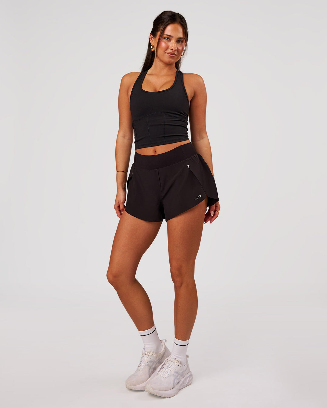 Woman wearing Aura Mesh Shelf Bra Tank - Black | Model:Bianca | Size:S - view 5