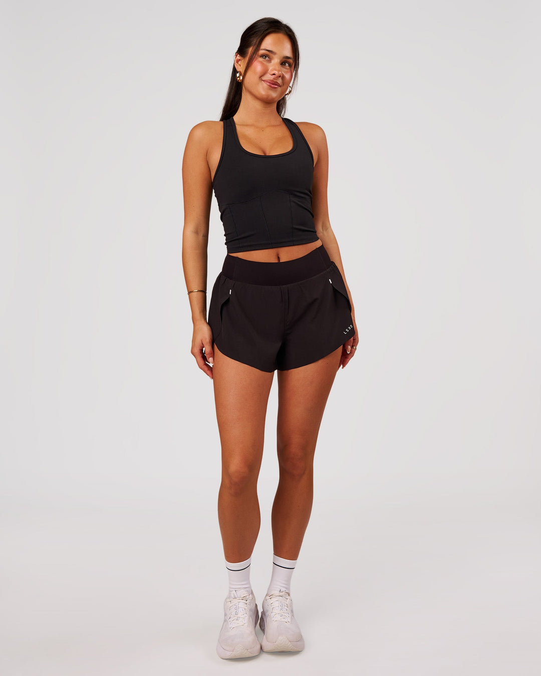 Woman wearing Aura Mesh Shelf Bra Tank - Black | Model:Bianca | Size:S - view 6