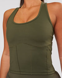 Woman wearing Aura Mesh Shelf Bra Tank - Pure Olive | Model:Bianca | Size:S | Thumbnail Index: 2