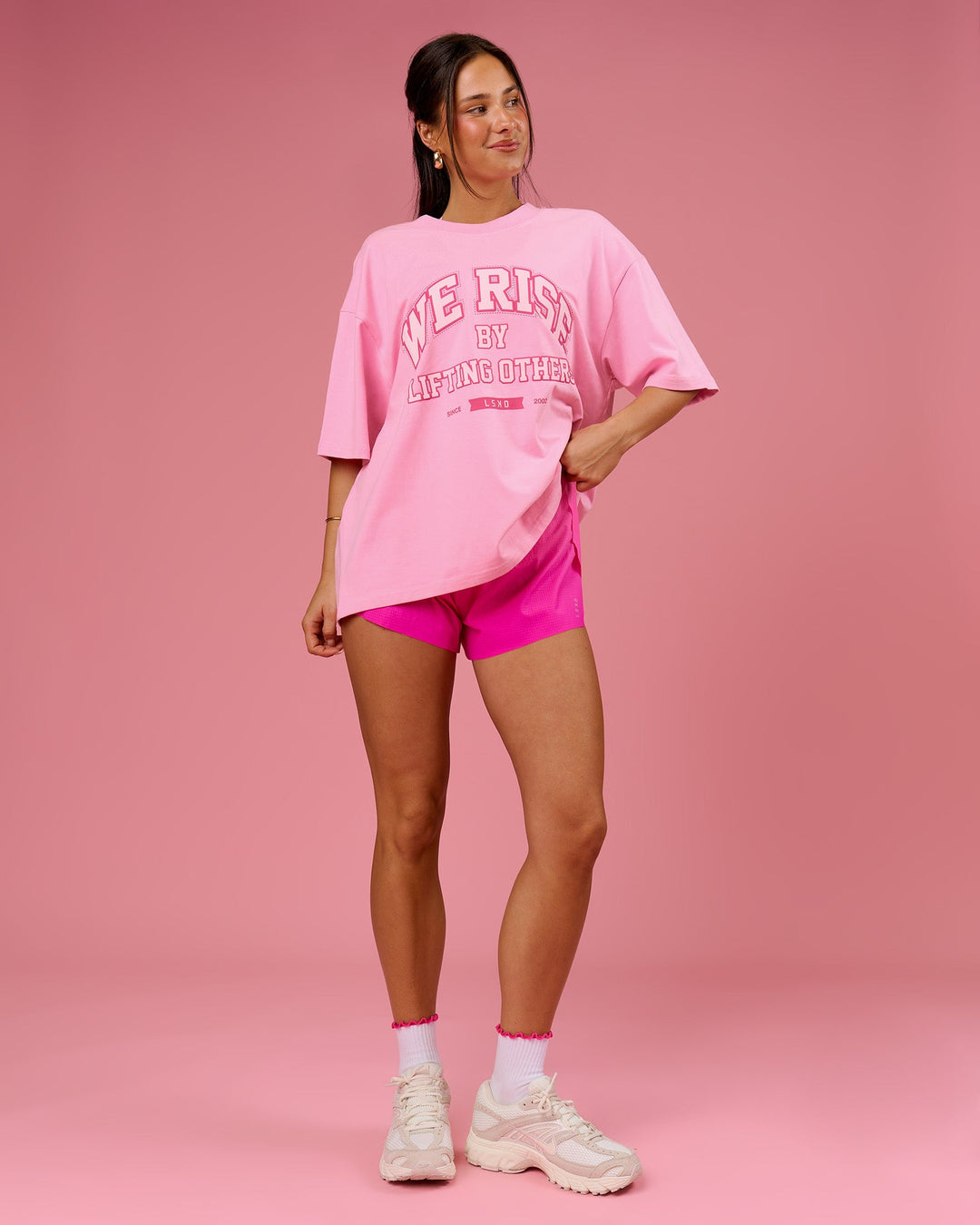 Woman wearing BCAM Heavyweight FLXCotton Graphic Boxed Tee - Pink Rose | Model:Bianca | Size:S - view 13