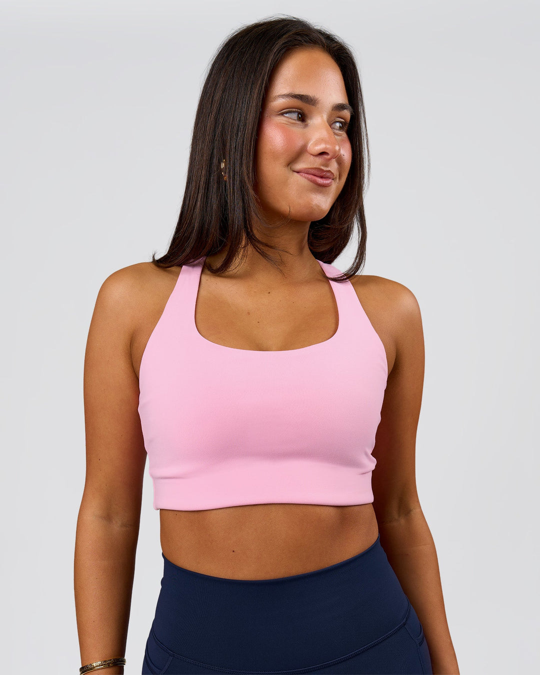 Woman wearing Flow Long Line Sports Bra - Pink Rose | Model:Bianca | Size:S - view 4
