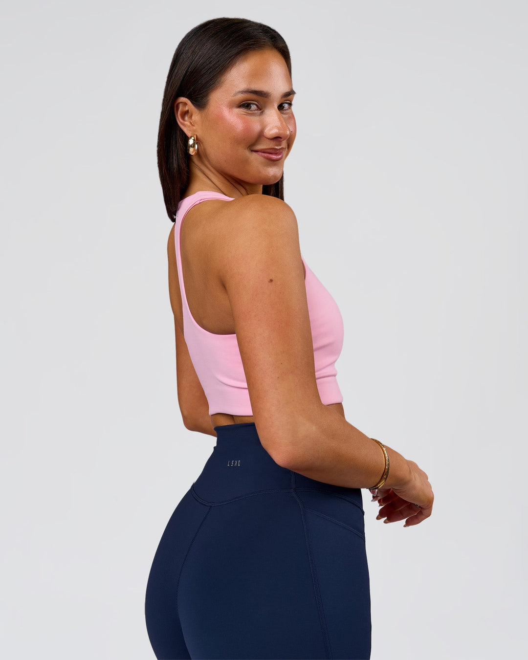 Woman wearing Flow Long Line Sports Bra - Pink Rose | Model:Bianca | Size:S - view 8