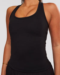 Woman wearing Flow Rep Scoop Neck Tank - Black | Model:Bianca | Size:S | Thumbnail Index: 0