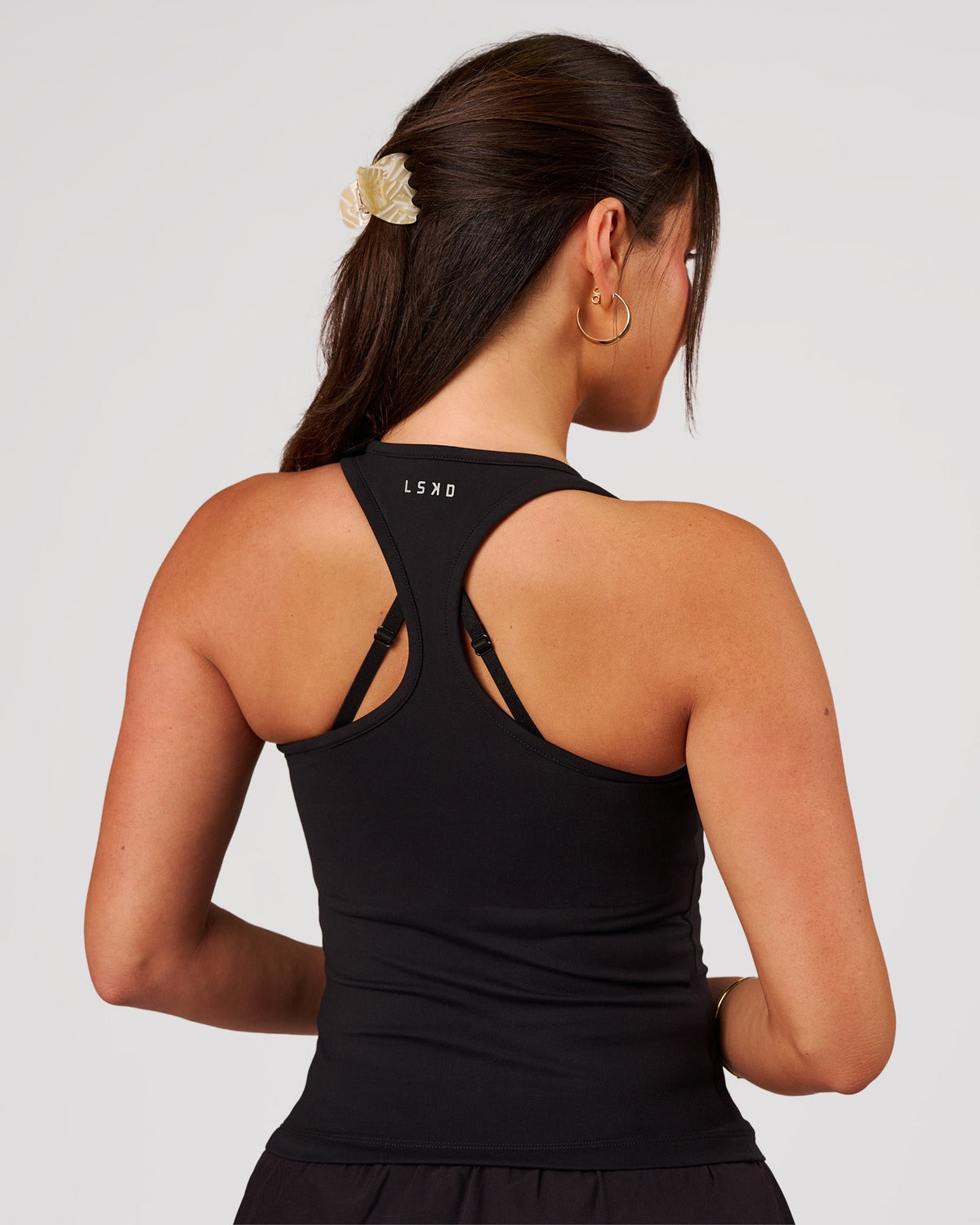 Woman wearing Flow Rep Scoop Neck Tank - Black | Model:Bianca | Size:S