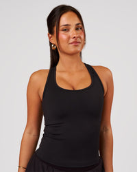 Woman wearing Flow Rep Scoop Neck Tank - Black | Model:Bianca | Size:S | Thumbnail Index: 3