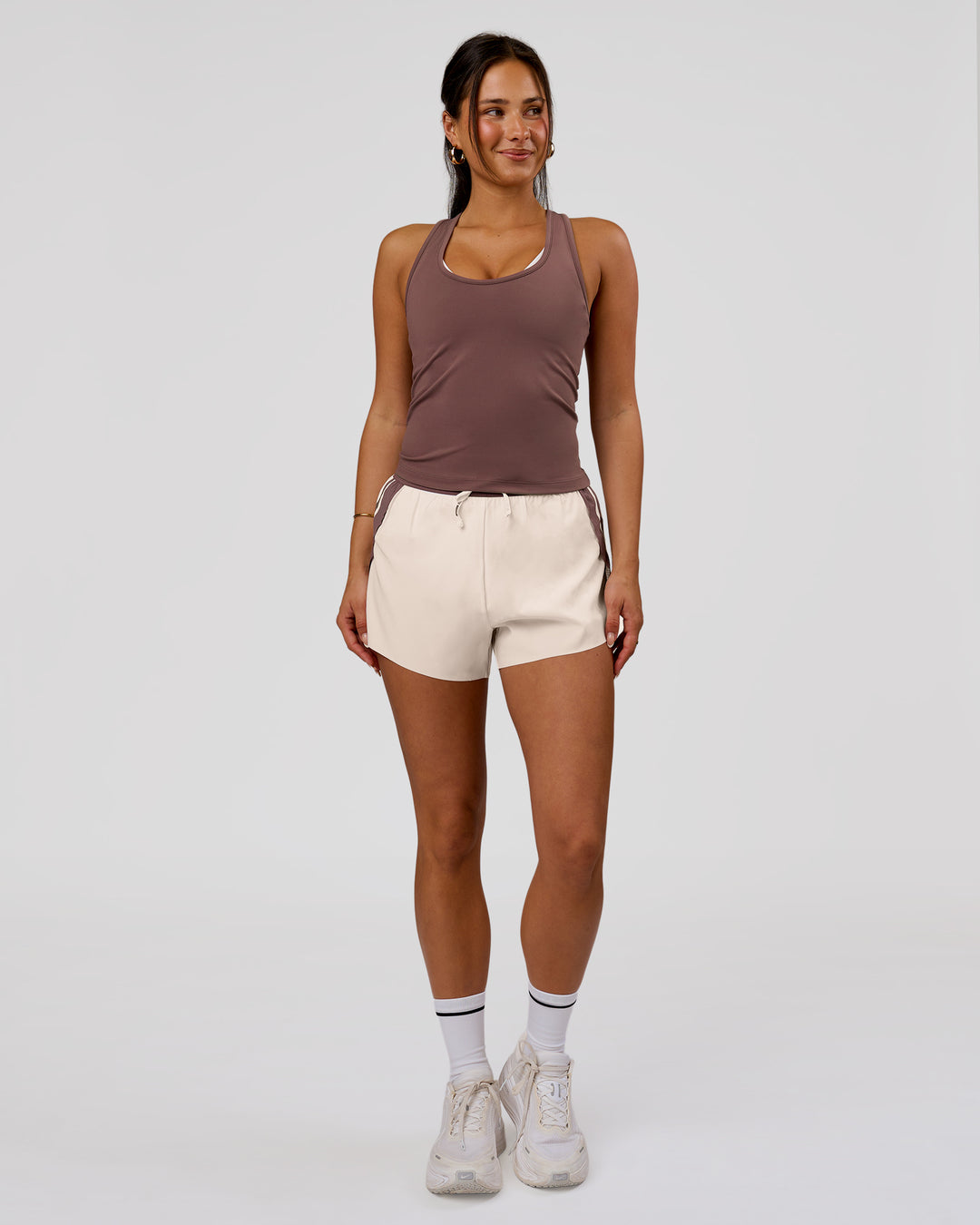Woman wearing Flow Rep Scoop Neck Tank - Cocoa Powder | Model:Bianca | Size:S - view 6
