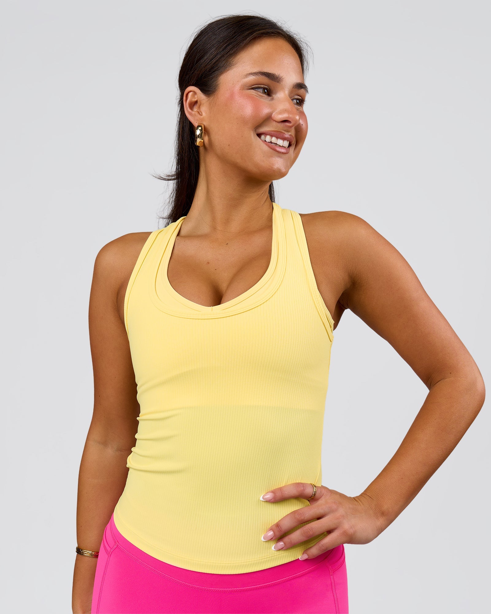 Woman wearing Flow Rib Scoop Neck Tank - Lemon | Model:Bianca | Size:S