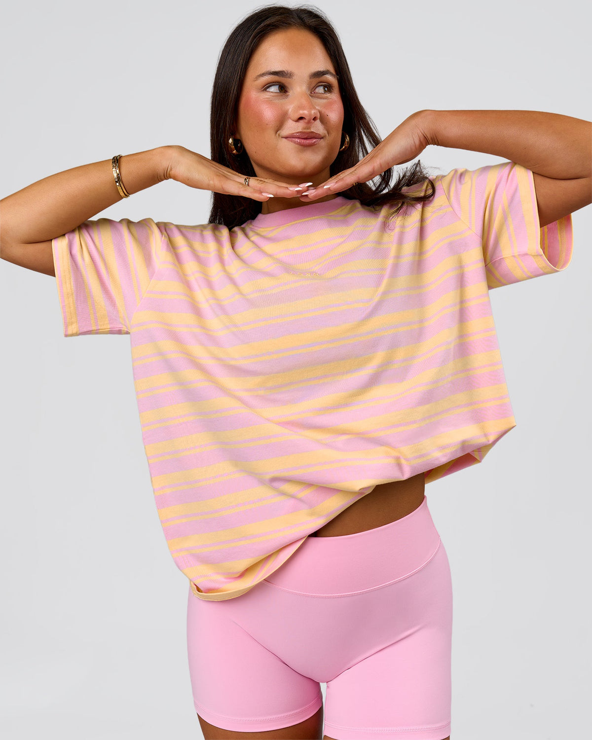 Woman wearing Go-To Shadow Stripe FLXCotton Oversized Tee - Lemon-Marshmallow | Model:Bianca | Size:S - view 1