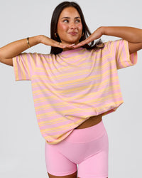 Woman wearing Go-To Shadow Stripe FLXCotton Oversized Tee - Lemon-Marshmallow | Model:Bianca | Size:S | Thumbnail Index: 0