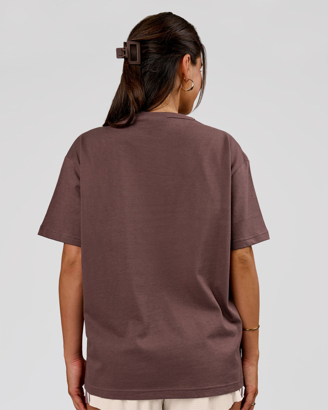 Woman wearing LSKD Fitness Club Heavyweight Oversized Tee - Cocoa Powder-Off White | Model:Bianca | Size:S - view 3